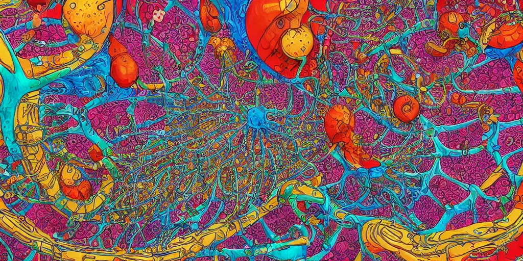 Image similar to biological valve body megastructure in the style of dr. seuss, intricate colorful masterpiece, hyper detailed, hd