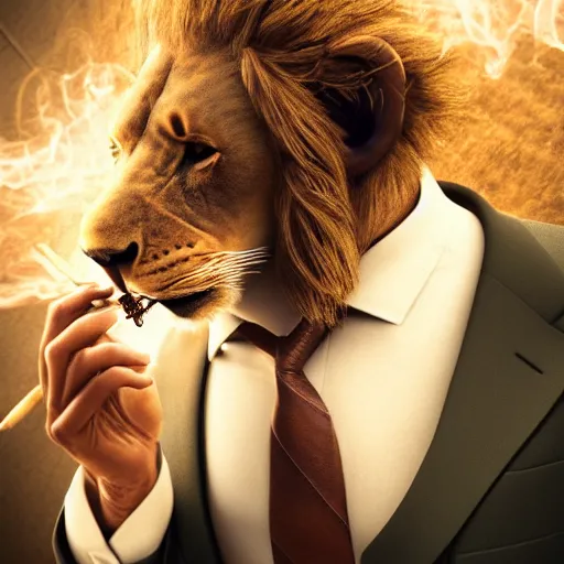 Image similar to a lion smoking a cigar wearing a suit, subject= lion, subject detail: wearing a suit, subject action: smoking a cigar, dramatic lighting, cinematic lighting, establishing shot, photorealistic, high details, cinematic, 8k resolution, extremly detailed, photorealistic, artstation, unreal engine