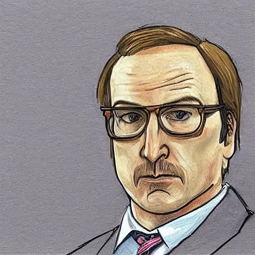 Prompt: court sketch of bob odenkirk as saul goodman with trimmed mustache, wearing glasses, wearing prison jumpsuit, being cross - examined by lawyer during trial, sketch by marilyn church