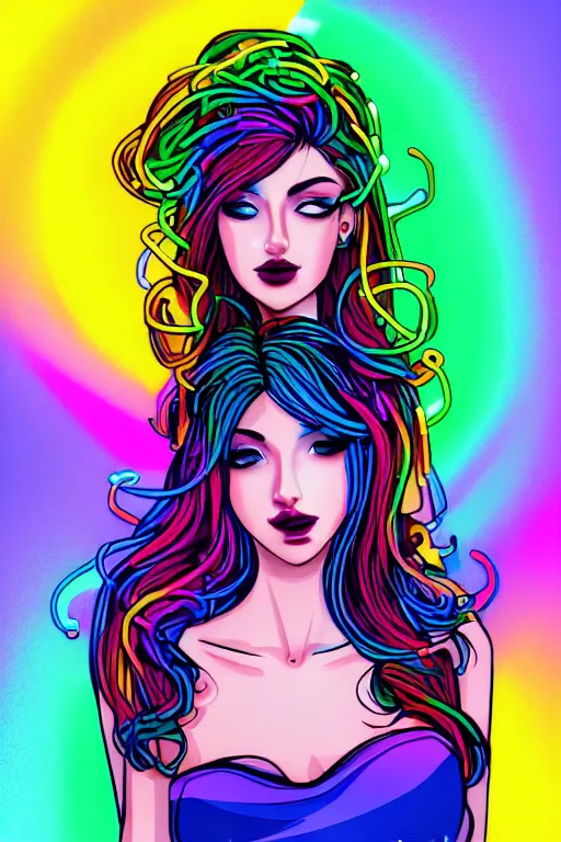 Prompt: a award winning portrait of a beautiful woman with stunning eyes in a one off shoulder croptop and cargo pants with rainbow colored hair, outlined by whirling illuminated neon lines and fine lines swirling in circles by lois van baarle, digital art, trending on artstation