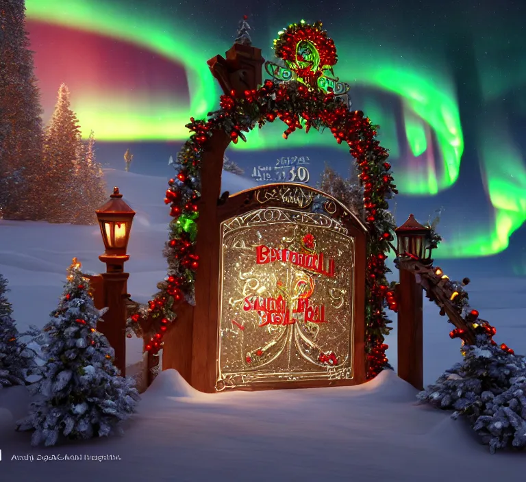 Image similar to a very detailed concept art of intricate and well designed jingle bell gates to santa's northpole, infused with aurora borealis, dynamic lighting, trending on artstation, path traced, highly detailed, high quality, digital painting, digital art, 4 k, hyper realistic, octane render, sharp focus