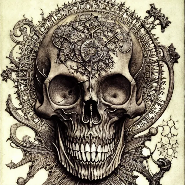 Image similar to memento mori by arthur rackham, art forms of nature by ernst haeckel, exquisitely detailed, art nouveau, gothic, ornately carved beautiful skull dominant, intricately carved antique bone, art nouveau botanicals, ornamental bone carvings, art forms of nature by ernst haeckel, horizontal symmetry, arthur rackham, ernst haeckel, symbolist, visionary