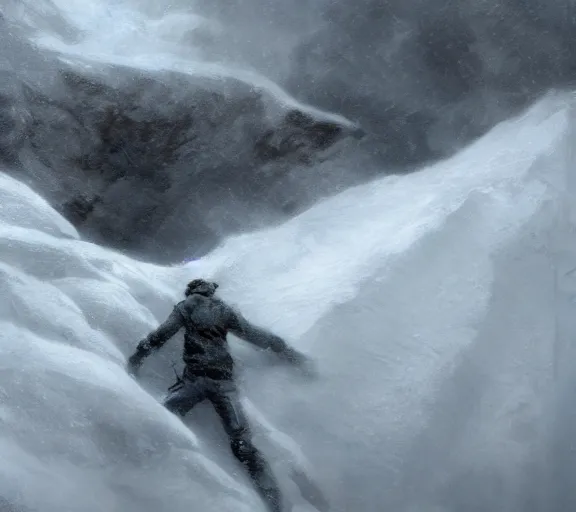 Image similar to a climber climbs a snowy mountain in a storm, close view, painting by craig mullins, octane rendering, soft morning lighting, wide angle lens, in the style of hayao miyazaki, trending on artstation,