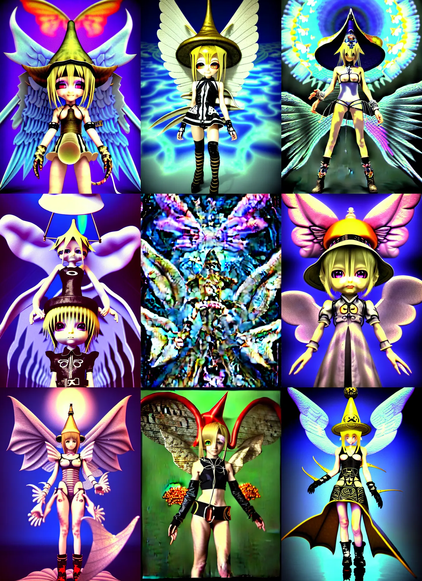Prompt: vintage cgi 3 d render in the style of micha klein of chibi cyborg demon with angel wings by final fantasy ix by ichiro tanida wearing a big wizard hat against a psychedelic swirly background with 3 d butterflies and 3 d flowers n the style of 1 9 9 0's cg graphics 3 d rendered y 2 k aesthetic by ichiro tanida, 3 do magazine
