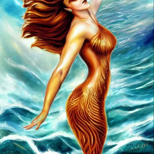 Image similar to emma watson as sea mermaid, artwork by julie bell,