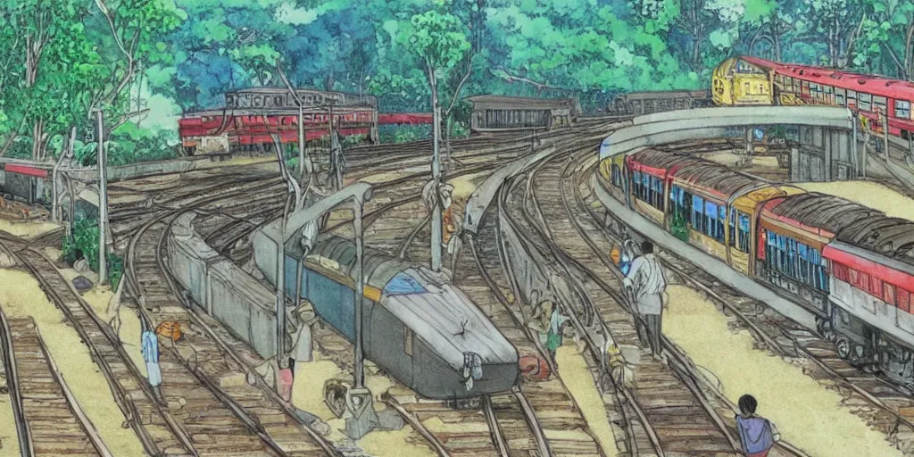 Image similar to sri lankan train station, drawn by hayao miyazaki