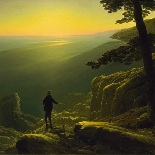 Image similar to a wanderer looking down from the peak of a mountain, distant valley, trees, sunset, dramatic light, oil painting, by caspar david friedrich