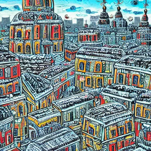 Image similar to by david bates ultradetailed. a print of a city made entirely out of kulich, a traditional russian easter bread. the city is bustling with activity. the print is playful & whimsical, with a touch of magic.