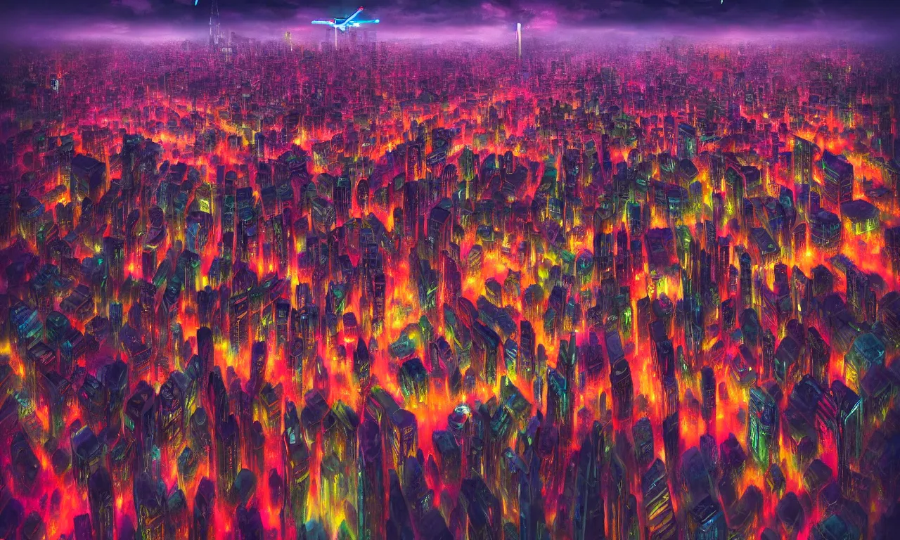 Image similar to drone view colorful photograph of a futuristic city, science fiction, night lights, beautifully lit buildings, mystic hues, distant, sharp focus, volumetric lights, digital art, RTX, hyperrealistic, cinematic, acid pixie, by lee madgwick