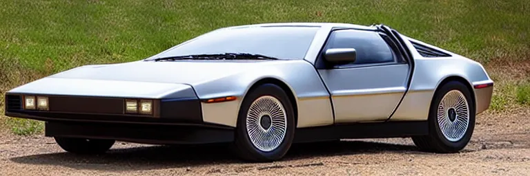 Image similar to a single delorean and tesla roadster hybrid, dslr