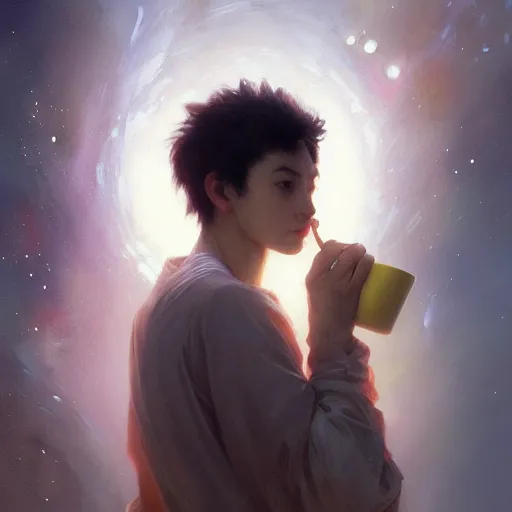 Image similar to A man drinking a cup of cosmic energy bright light, illustration by Ruan Jia and Mandy Jurgens and William-Adolphe Bouguereau, Artgerm, 4k, digital art, surreal, anime style, space dandy style, highly detailed, godsend, artstation, digital painting, concept art, smooth, sharp focus, illustration by Ruan Jia and Mandy Jurgens and William-Adolphe Bouguereau, Artgerm