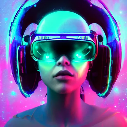 Image similar to cyberpunk concept cool girl cyborg bot, cinema 4 d, galaxy, ufo, space sci - fi, wearing vr goggles, illustration, portrait, pastel neon textured background night, trending on artstation, greg rutkowski, octane rendered, 1 2 k, detailed,