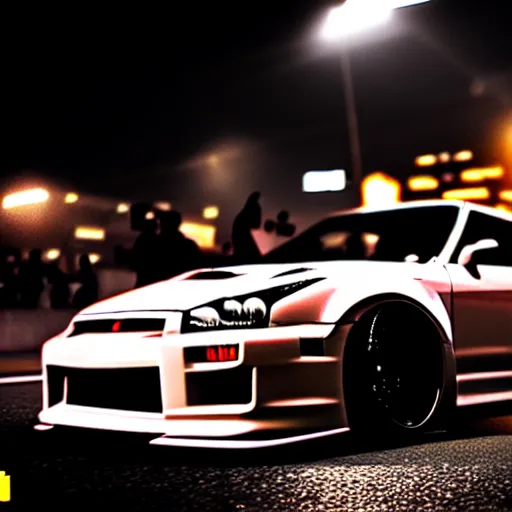 Image similar to a car GTR twin turbo drift at illegal car meet, Shibuya prefecture, city midnight mist lights, cinematic lighting, photorealistic, highly detailed wheels, high detail