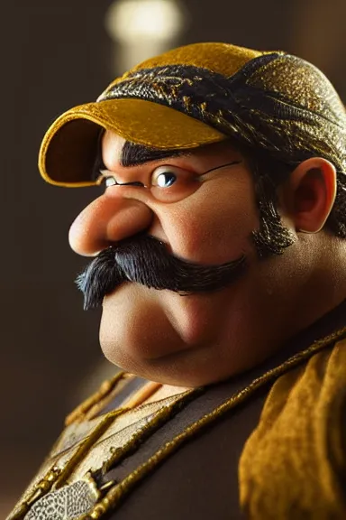 Image similar to very very intricate photorealistic photo of wario with a w on his hat in an episode of game of thrones, photo is in focus with detailed atmospheric lighting, award - winning details