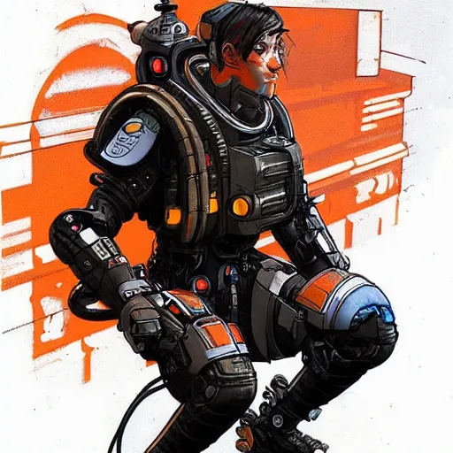 Prompt: cyberpunk mechanic dude with robotic legs. orange and black color scheme. concept art by james gurney and mœbius. apex legends character art