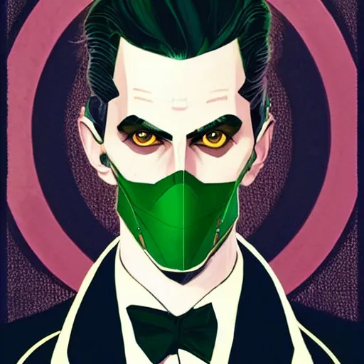 Image similar to Joshua Middleton comic art, wide shot, handsome elegant male Nikola Tesla, futuristic spy, kabuki mask, beautiful evil sneer, symmetrical face, symmetrical eyes, leather clothing and boots, long straight green black hair, full body, Indigo occult pattern