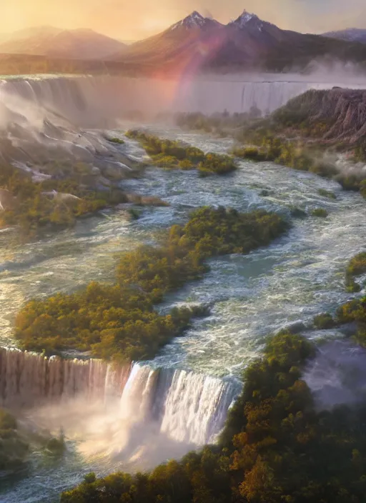 Prompt: cascade of multiple gigantic niagara falls, epic mountains in the background, early dawn, fantasy illustration, matte painting, concept art, low angle shot, volumetric lighting, volumetric atmosphere, morning mist, art by james gurney, unreal engine 5, 8 k