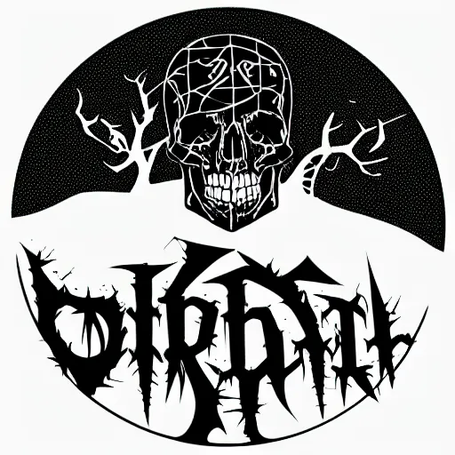 Image similar to dark death metal themed vector illustration for a record label, trees. forest, spikes, skull, microphone, skull, award winning, grunge, iconic, golden ratio