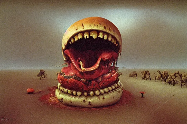 Image similar to zdzislaw beksinski painting of hamburger screaming