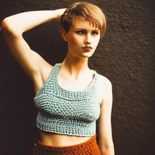 Image similar to A photo of a caucasian female model with short hair wearing a crocheted croptop, professional photography, Fujifilm Quicksnap 400 photography