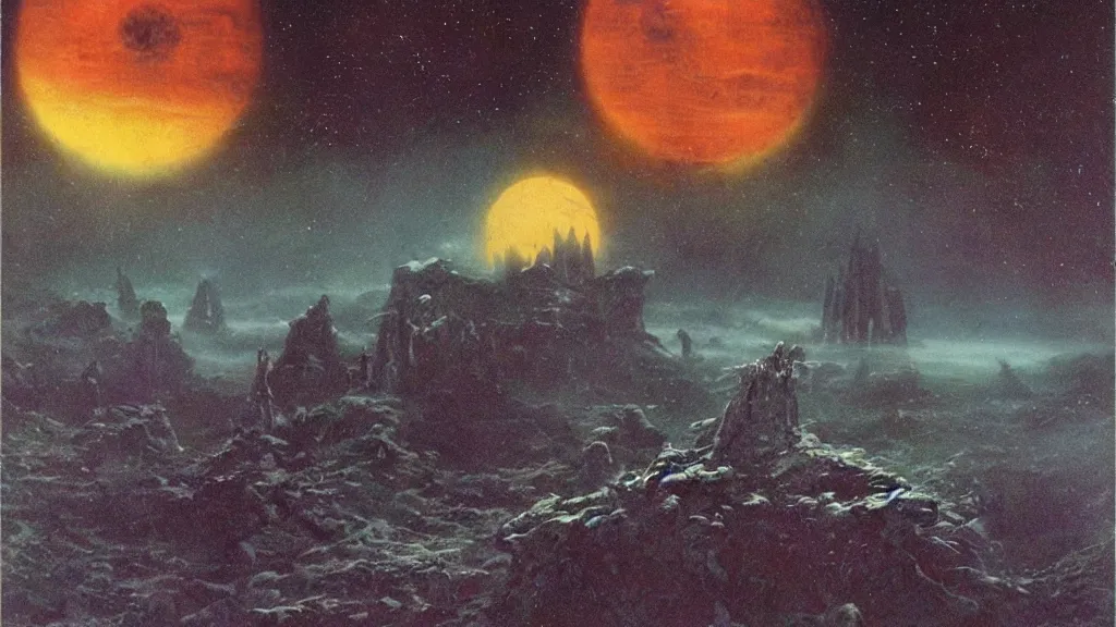 Image similar to eerie atmospheric alien planet empire by jack gaughan and bob eggleton and chris moore, epic cinematic matte painting