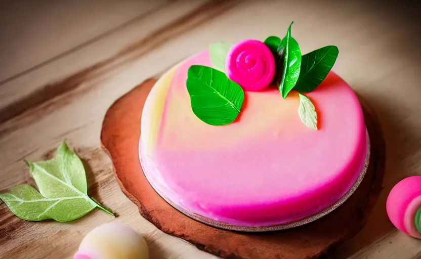 Prompt: A photo of a swedish princess cake from the side on a wooden table, covered with pink marzipan, some powder sugar and a green marzipan leaf in the center. Sunset. 4K. Atmospheric lighting. High detail. Artistic. Delicious.