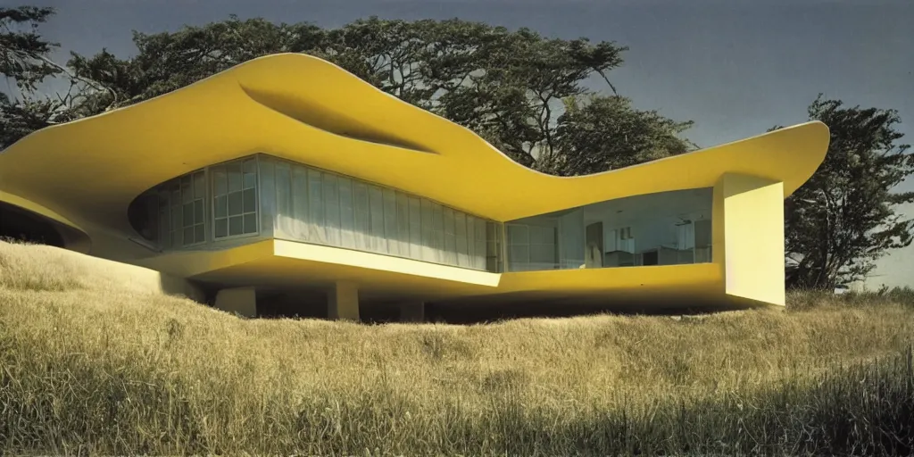 Image similar to architecture ad for a mid-century modern house by the beach designed by Zaha Hadid. From afar. Film grain, cinematic, colorized, yellow hue.