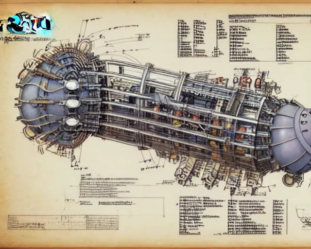 Image similar to a full page of a mechanical blueprint showing a cutaway design for a mechanized pikachu from howl's moving castle ( 2 0 0 4 ), with a big head, muted colors, post grunge, studio ghibli, hq,