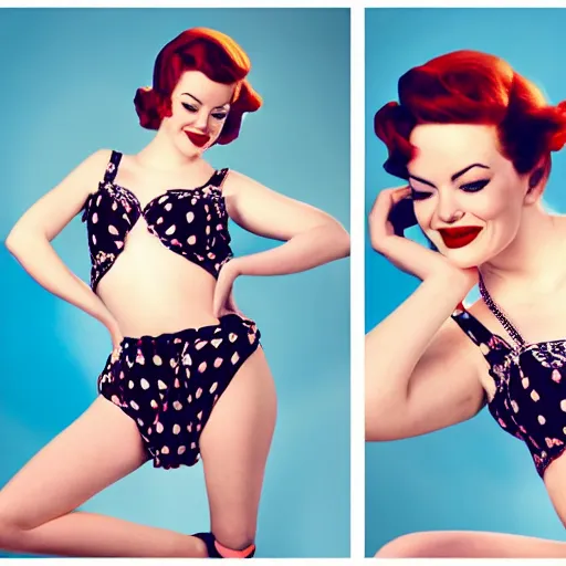 Image similar to Emma Stone as a pinup girl, XF IQ4, 150MP, 50mm, f/1.4, ISO 200, 1/160s, natural light, Adobe Lightroom, DxO Photolab, Corel PaintShop Pro, filling the frame, rule of thirds, symmetrical balance, depth layering, polarizing filter