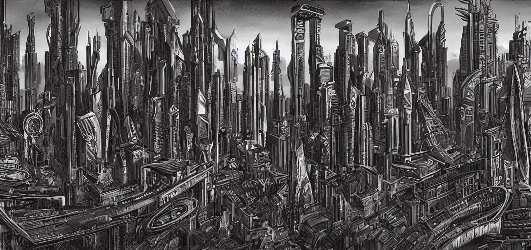 Image similar to a cityscape in the style of H.R. Giger meets Syd Mead