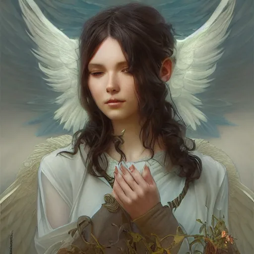 Image similar to portrait of a beautiful angel, fantasy, highly detailed, digital painting, artstation, concept art, smooth, sharp focus, illustration, art by artgerm and greg rutkowski and alphonse mucha