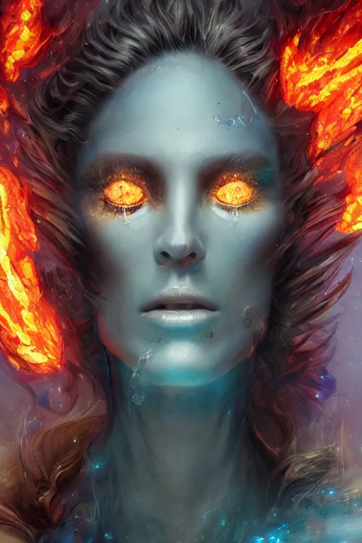 Image similar to torso closeup model wearing exploding ice & fire lava crystal dress, sorcerer, diamonds, angel, fantasy, dramatic lighting, highly detailed, digital painting, holding electricity, magic the gathering, hyper detailed, 3 d render, hyper realistic detailed portrait, peter mohrbacher, wlop, ruan jia