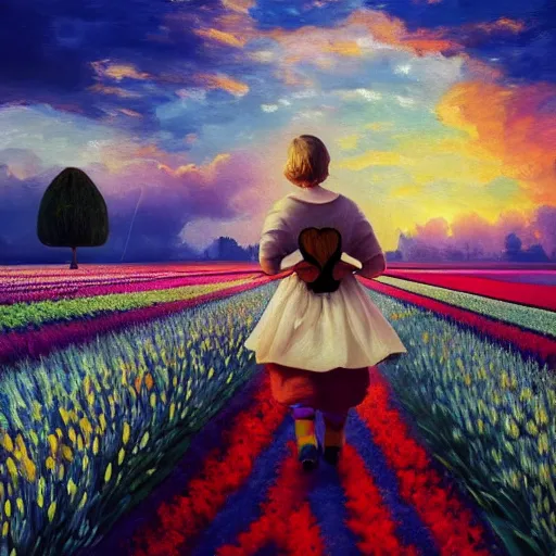 Image similar to dutch girl with singular giant tulip as a head, surreal photography, flower field, sunset dramatic light, impressionist painting, colorful clouds, blue sky, digital painting, artstation, simon stalenhag