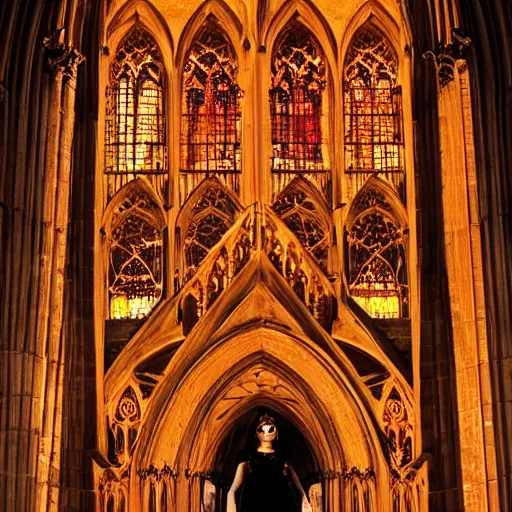 Prompt: a gothic cathedral with orange flames reflected into its windows, a gothic girl dressed in black, macro head, perfect face, detailed intricate arabesque dress