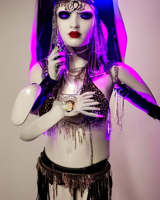 Prompt: 3 / 4 portrait photo of belly dancer as a cyberpunk humanoid robotic head shoulder parts with straight bright led lights, inside white room, ultra - realistic and detailed, 8 k