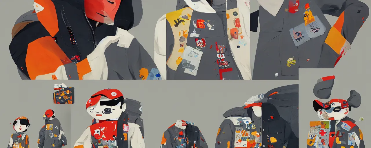 Prompt: gori fujita ilustration a game development studio, one cotton jacket and its copy made of patches painting by goro fujita, sharp focus, highly detailed, artstation