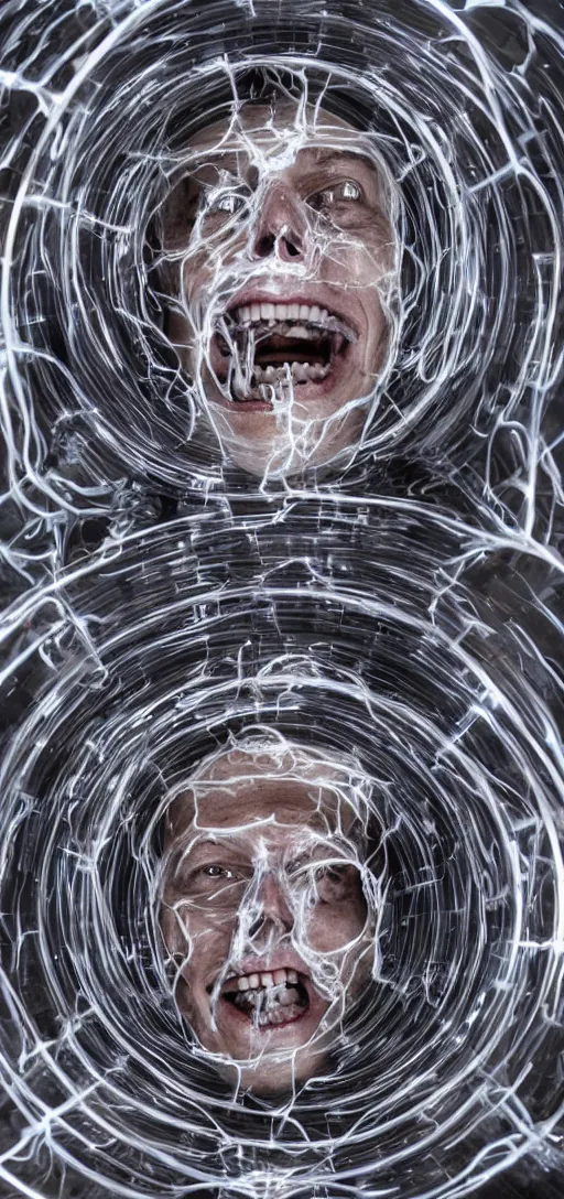 Prompt: horror picture of elon musks face dissolving into tubes and wires, 4K,