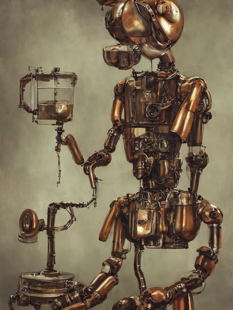 Prompt: full-length portrait of a singular old mechanical humanoid robot offering a cup of steaming coffee, by Esao Andrews, sharp focus, fresh colors, deviantart, conceptart
