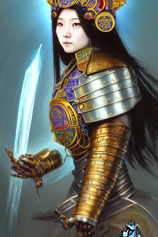 Image similar to beautiful and divine and holy and elite and colorlpunk three kingdom chinese female armor knight portrait like twice tzuyu+shinnyy eyes+front face with light flowing hair, ultradetail face, art and illustration by tian zi and craig mullins and WLOP and alphonse mucha, fantasy, intricate complexity, human structure, human anatomy, fantasy character concept, watermark, blurry, hyperrealism 8k