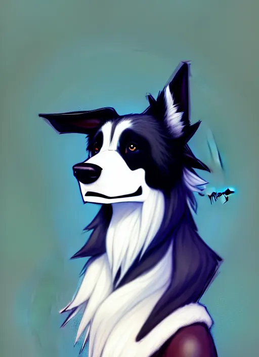 Image similar to wide angle beautiful full body portrait of a cute male anthropomorphic anthro border collie fursona looking directly at you, character design by charlie bowater, henry asencio, and ross tran, furry art, furaffinity, beautiful, glamor pose, detailed, aesthetic, trending on artstation