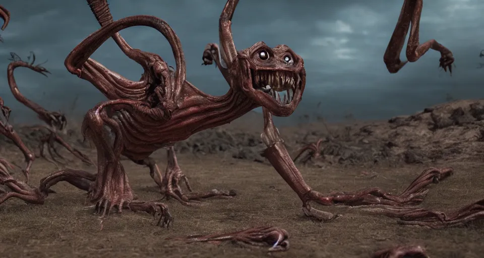 Image similar to still from a horror movie of grotesque alien lunging towards the camera, highly detailed, 85MM, horror movie scene, unreal engine, octane render, natural light outside