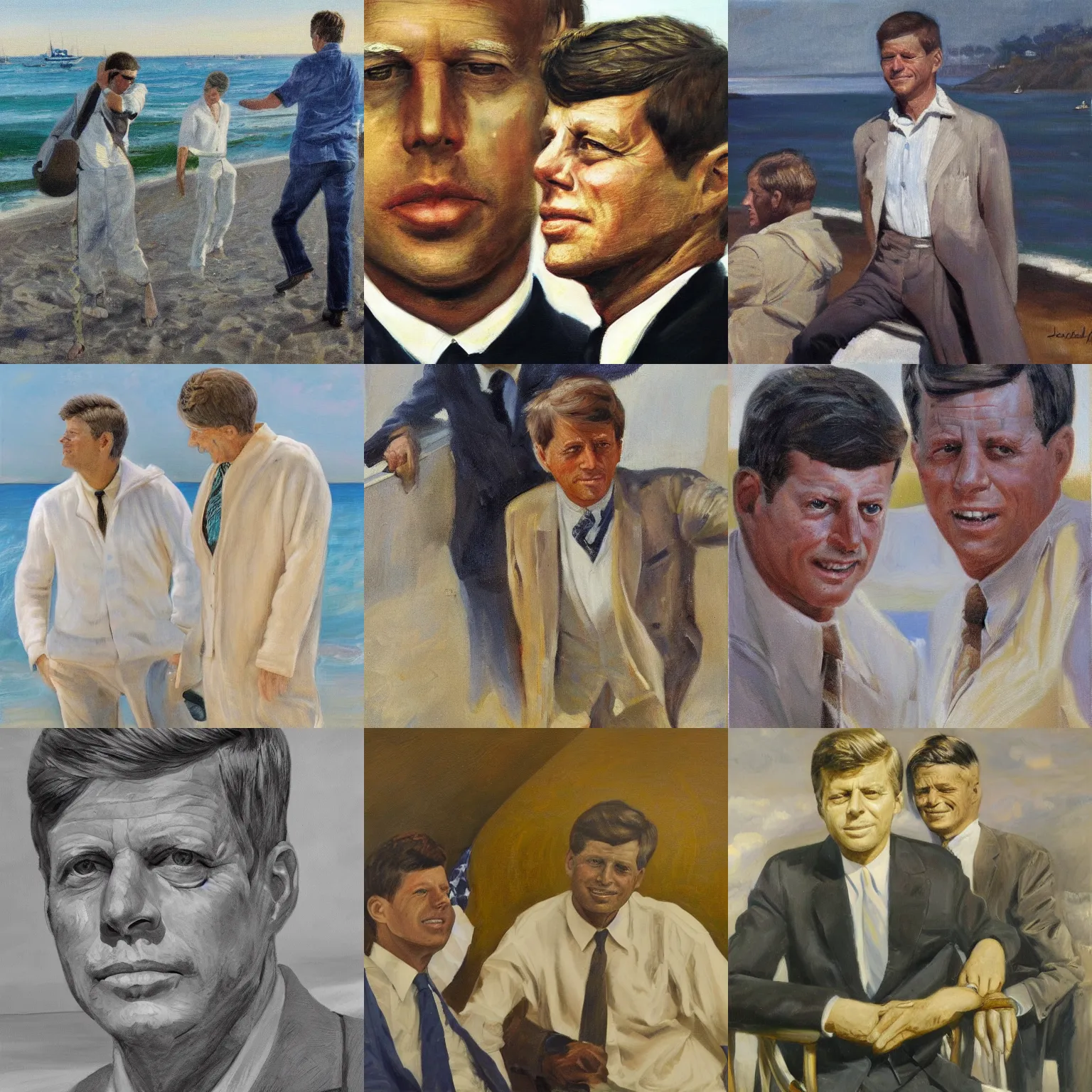 Prompt: long portrait of john f kennedy and robert f kennedy, both old and retired on nantucket beach, oil on canvas by william sidney mount - 1 9 8 2, trending on artstation