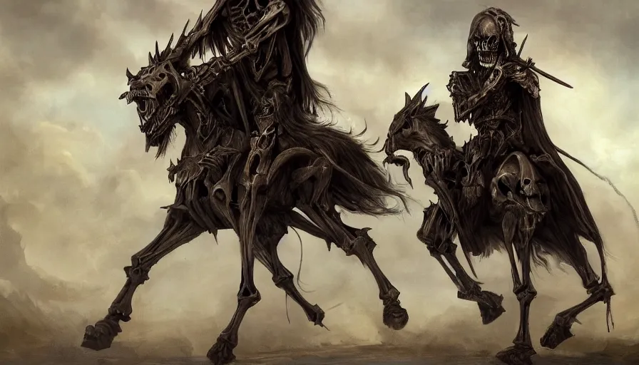 Image similar to A beautiful highly detailed epic painting of the Grim reaper riding a skeletal undead horse by Ulpiano Checa, Trending on artstation HD.