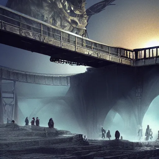 Image similar to a gigantic bridge over a pit filled with creatures, artistic render, ultrarealistic, 8 k.