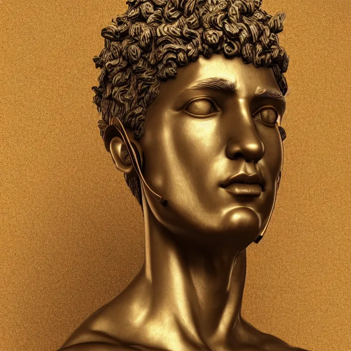 Image similar to stoic statue wearing headphone, vaporwave, aesthetic, naturel, symmetrical face, hyper detailed, digital sculpture, trending in artstation, cinematic lighting, studio quality, smooth render, unreal engine 5 rendered, octane rendered, art style by klimt and nixeu and ian sprigger and wlop and krenz cushart