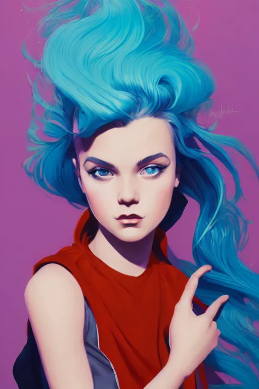 Prompt: portrait painting of a teenage girl with swept back wild blue hair, fashionable, windy, art deco, solid background color, sharp focus, award - winning, cinematic pose, cinematic lighting, trending on artstation, masterpiece, highly detailed, intricate. art by josan gonzales and moebius and deathburger