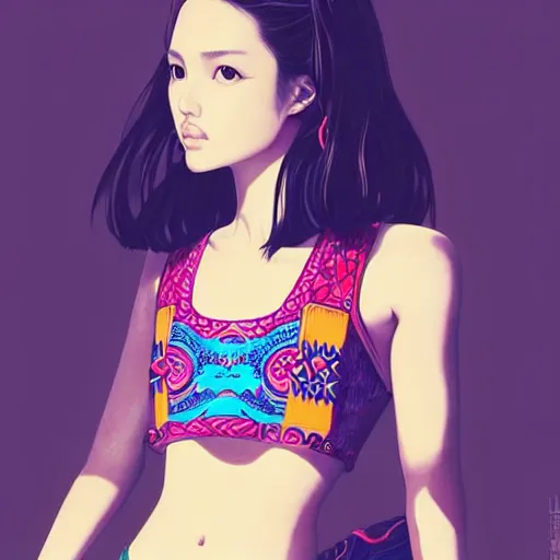 Image similar to a beautiful young japanese natalie portman alluring gravure model, wearing elaborate designer tank top, tank top with mesoamerican patterns, by akira toriyama and wlop and ilya kuvshinov and artgerm and, aesthetic, gorgeous, stunning, alluring, attractive, artstation, deviantart, pinterest, digital art