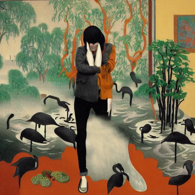 Image similar to tall female emo vegan socialist artist in their flooded apartment, painting of flood waters inside an artist's home, a river flooding indoors, pomegranates, pigs, ikebana, zen, water, octopus, river, rapids, waterfall, black swans, canoe, berries, acrylic on canvas, surrealist, by magritte and monet