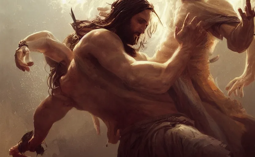 Image similar to Jesus Christ fighting Lucifer, detailed face, digital art,ultra realistic,ultra detailed, ultra wide Lens, art by greg rutkowski