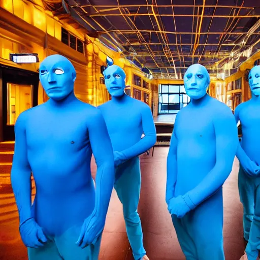 Prompt: blue man group wearing all blue, in blue hour lighting, feeling blue, listening to eiffel 65's song called 'blue'